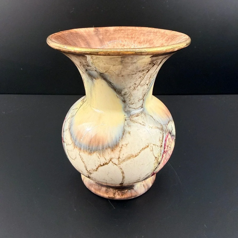 Vintage West German Art Pottery Marble Glaze Vase Gold Trim 5